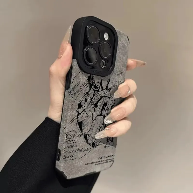 

Gray Leather Heart Silicone Phone Case For iPhone 16 15 14 Pro Max Plus 11 12 13 Mini X XS XR Soft Matte Back Cover Funda