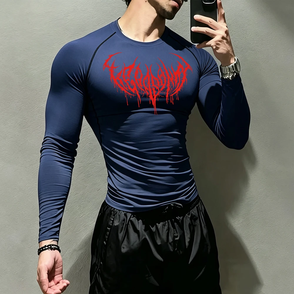 Herren Langarm-Kompressions-Oberteil mit gotischem Dornen-Print, schnelltrocknend, elastisch, atmungsaktiv, T-Shirt für tägliches Workout, Laufen und Aktivsport. – Detail 2