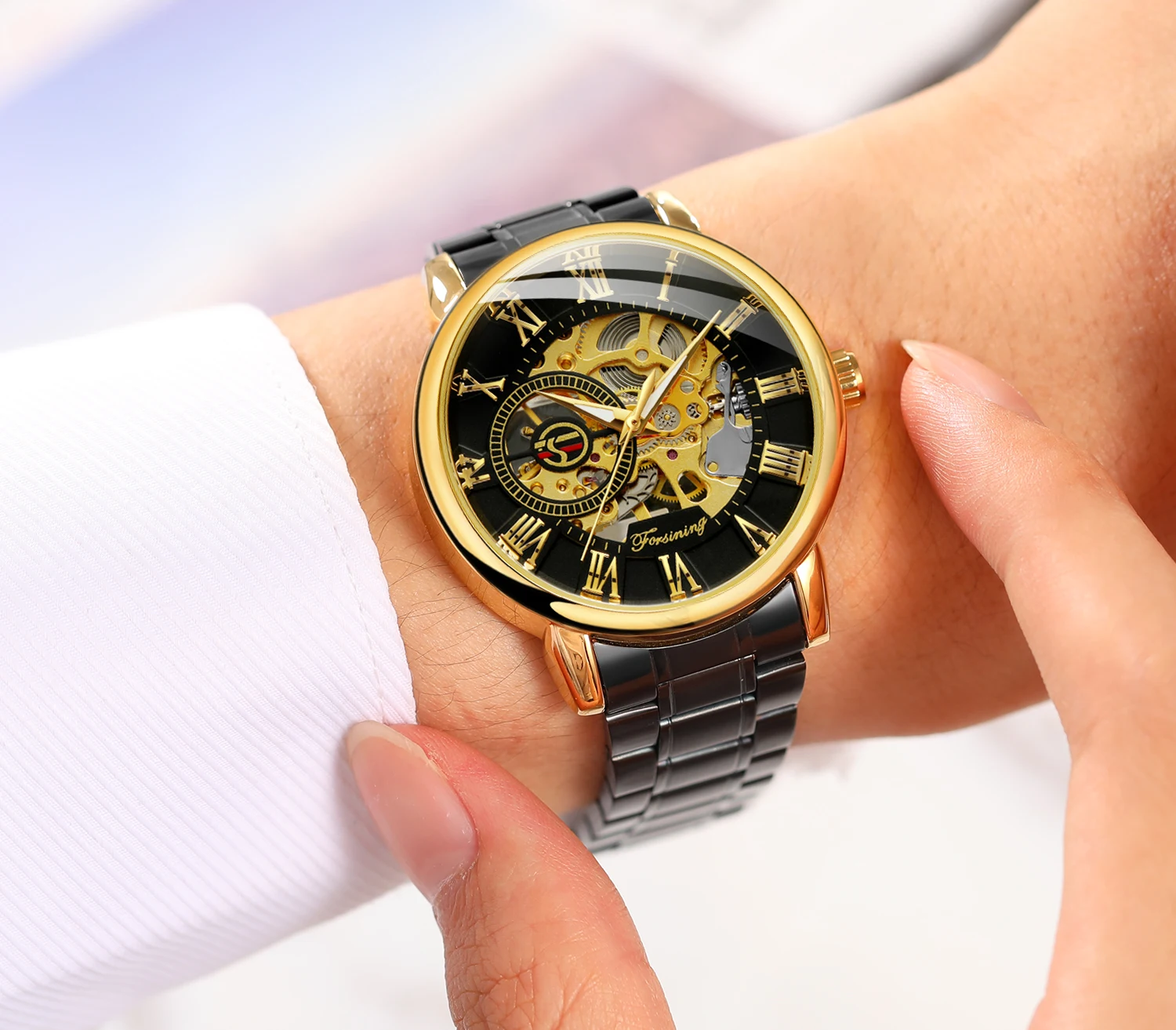 FORSINING Classic Hollow Men Wristwatch Mechanical Watch Stainless Steel Engraved Roman Numeral Luminous Pointers Skeleton Clock