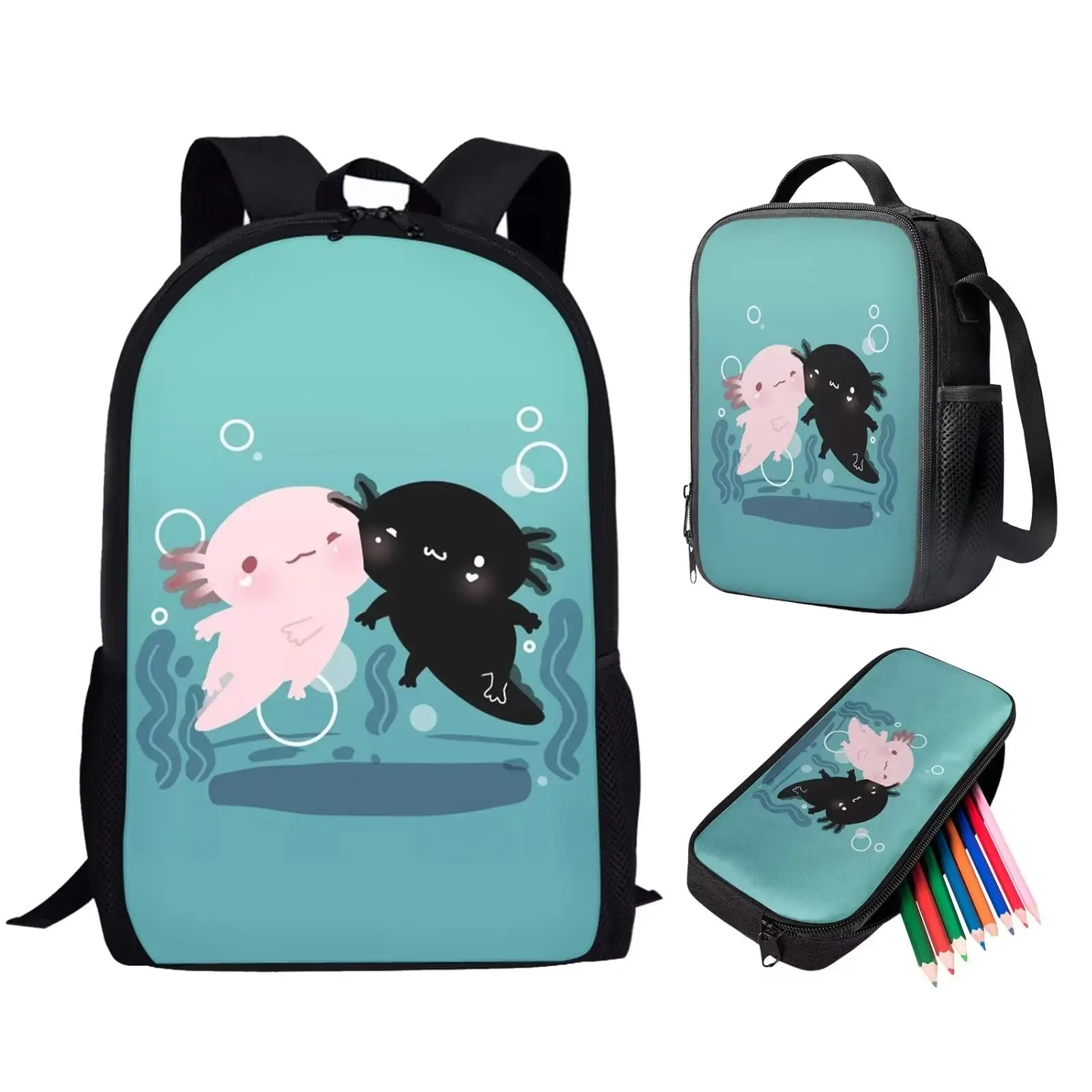 Axolotl-Sac à dos d'école mignon pour adolescents, sacs à livres de campus pour filles et garçons, sac à lunch thermique, étui à crayons, cadeaux, aucune fleur