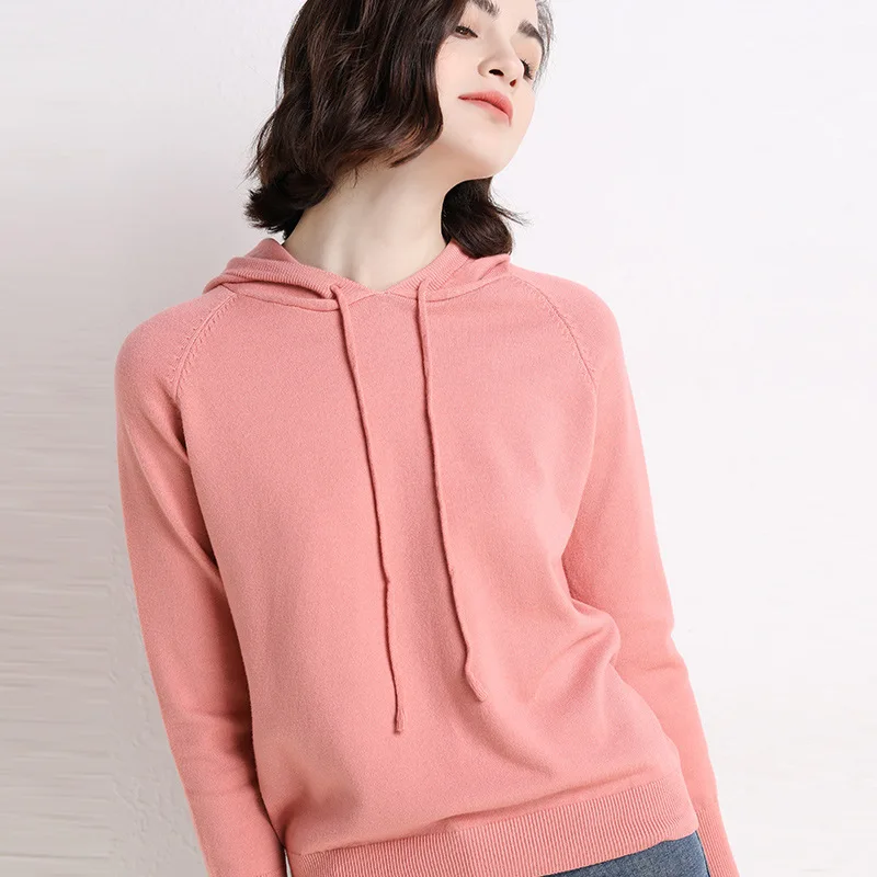 Felpa con cappuccio da donna con fondo lavorato a maglia maglione pullover con cappuccio di inizio autunno