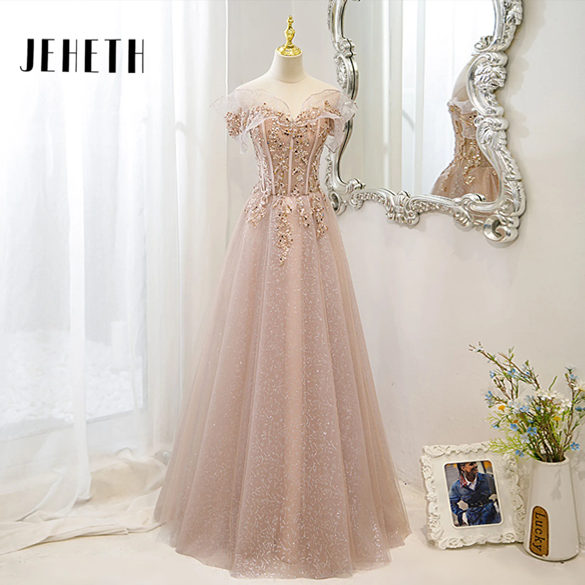 

JEHETH Pink Beading Corset Evening Dress Fashion Luxury Off-Shoulder Long Robe De Soirée Femme Lace Elegent Bridesmaid Dresses