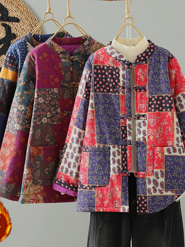 Retro Ethnic Print New Chinese Sle Floral Cotton Jaet Women's Winter Buttoned Cotton Coat Loose Fit Thiened Long Sve