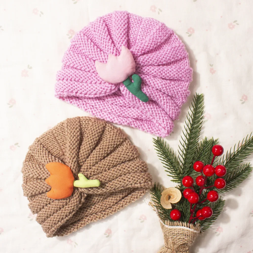 

Cute Flower Infant Beanie Newborn 0-12M Baby Knitted Turban Hat Summer Soft Solid Color Toddler Cap