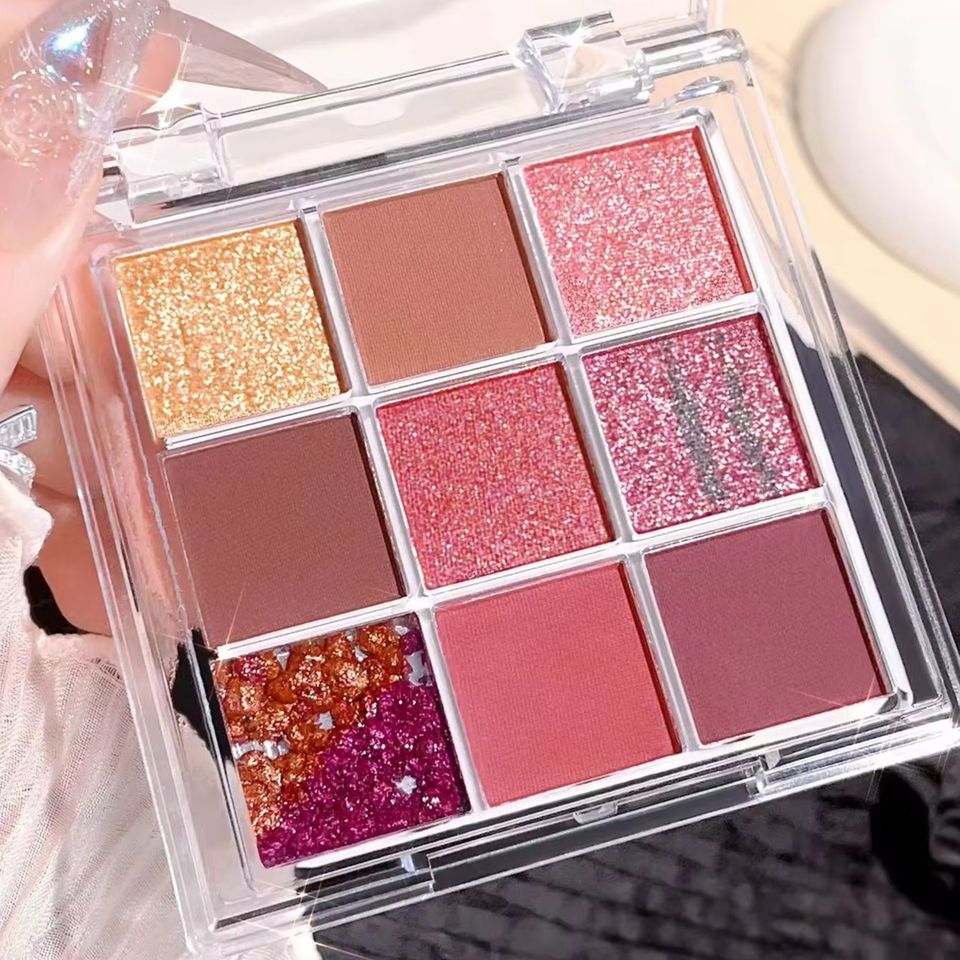  Summer 9 color eyeshadow palette: Orange brown, pink and gold, matte shimmer effect, lasting makeup, keep glitter rose Eyeshadow 