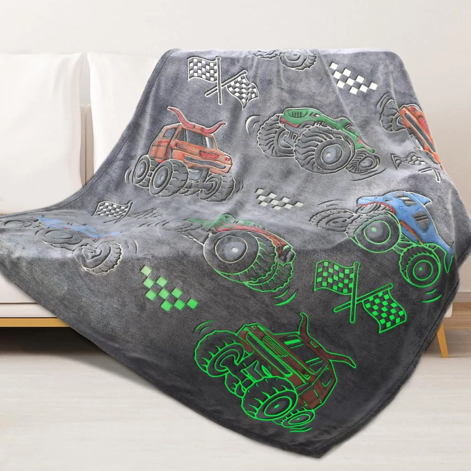 

Glow in the Dark Truck Blanket for Kids - Soft Fleece, Excavator Design, Perfect Gift