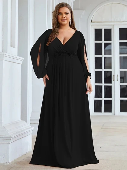 Plus size Evening Dresses V-Neck Long Sleeves A-LINE Floor-Length Gown 2025  ever pretty of Dusty Navy Bridesmaid dress Women