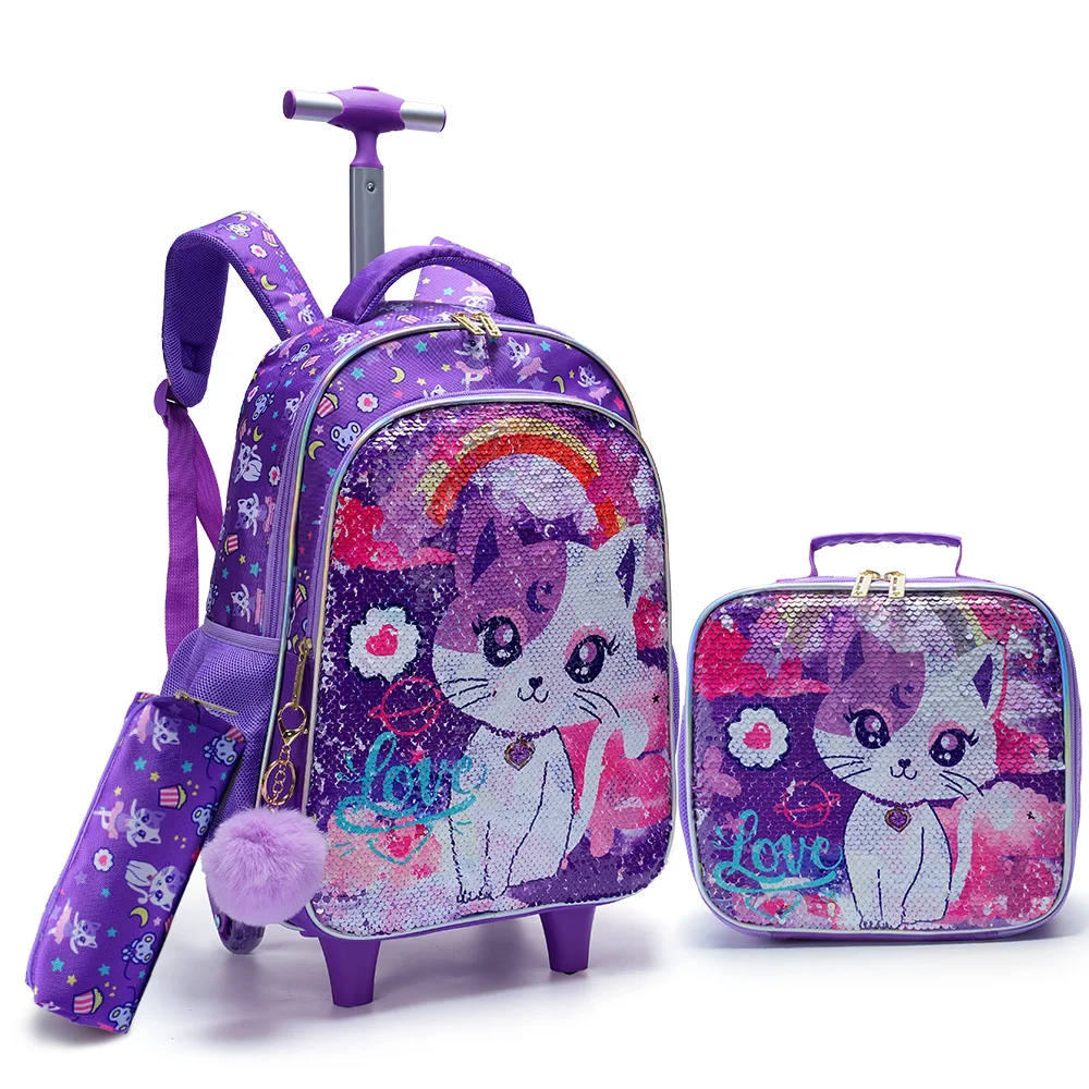 3PCS set Rolling Backpack For Girls, Cute Cartoon Cat Sequin Wheeled Bookbag For Elementary Students, With Lunch Box And Pen Bag