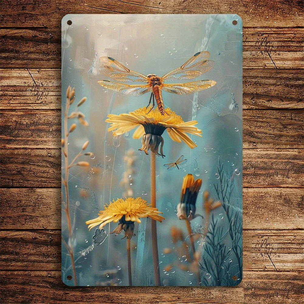 2D Flat, Vintage Dandelion and Dragonfly Metal Wall Art - 8x12 Inch Durable Tin Logo for Home, Garden, Bar Decor