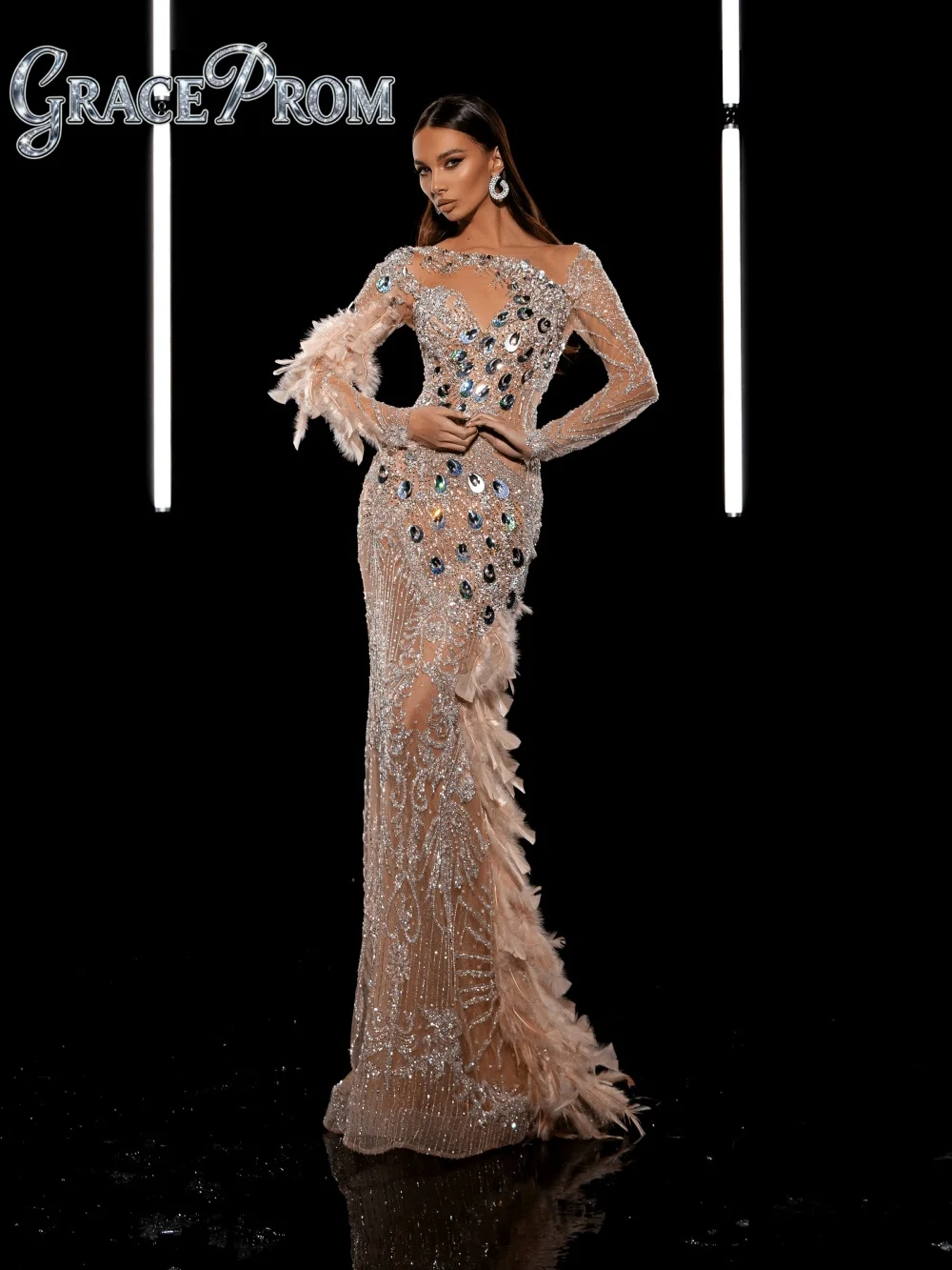 

Elegant Long-Sleeved Evening Dress Sexy Asymmetric-Neckline Beaded Crystal Evening Gown Charming A-Line Floor-Length Party Gown