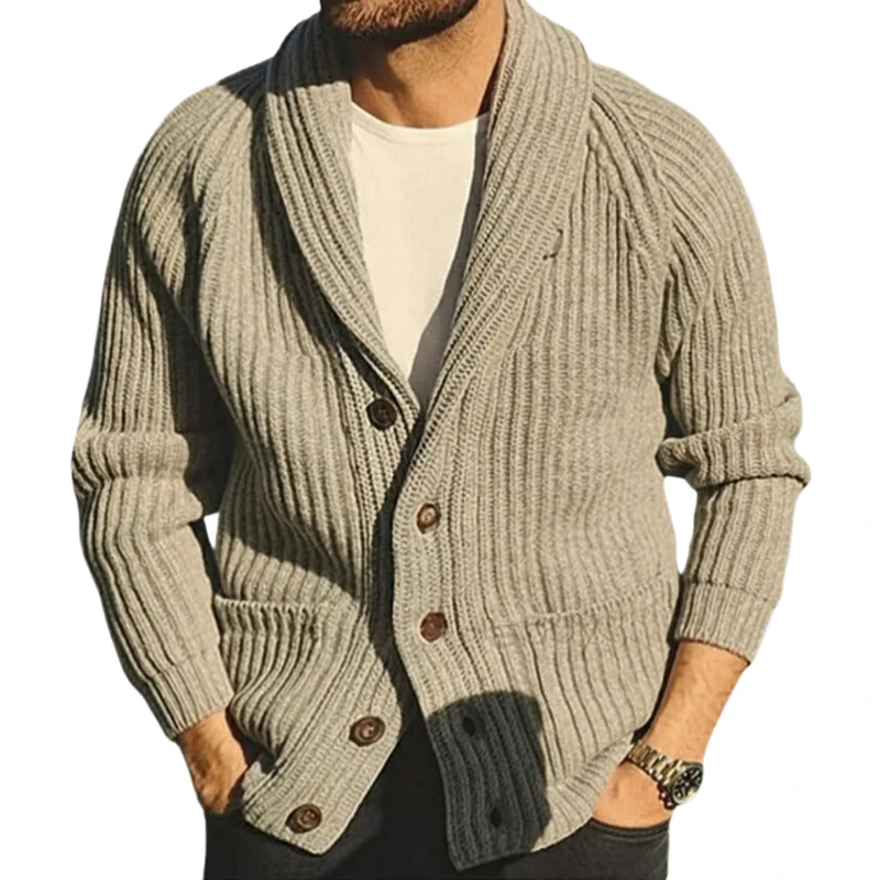 Hochwertige Herren-Rippstrickjacke im Retro-Stil, lässig, locker geschnitten, mit Knöpfen, Herbst-Winter-Oberbekleidung, Vintage-Streetwear-Oberteil – Detail 1