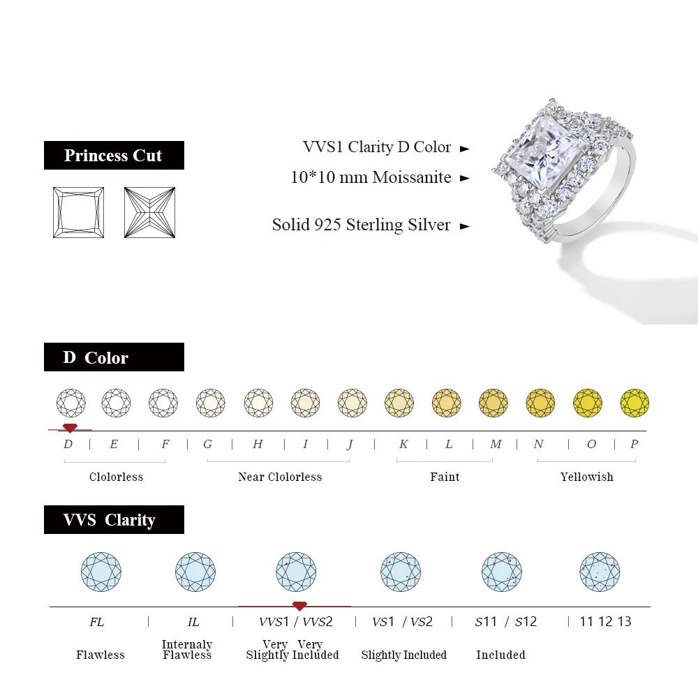 ATTAGEMS S925 Silver Moissanite Engagement Ring for Women 6CT Princess Excellent Cut Luxury Wedding Jewelry With GRA Certificate