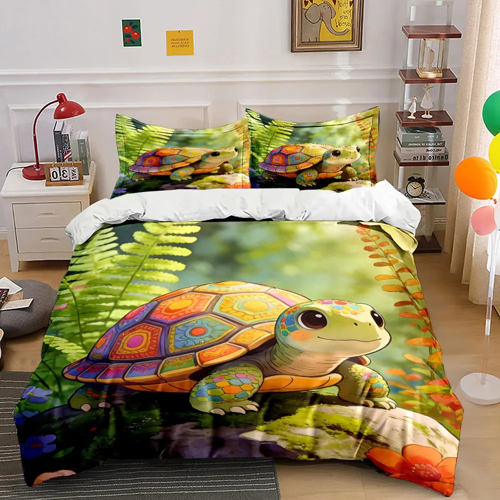 Colorful turtle among forest flowers Printed Duvet Cover Set 1 Duvet Cover+2 Pillowcase Multi Size Bedroom Bedding Decoration