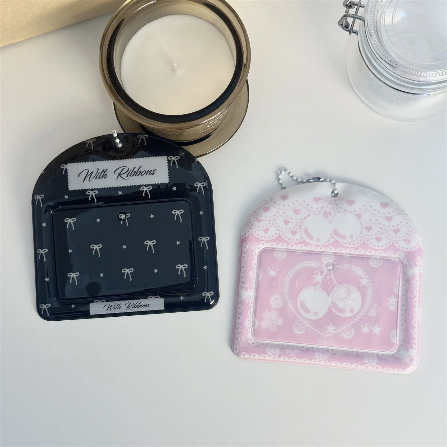 INS Black Bow Card Holder Cherry Idol Photocard Holder Keychain 3-inch Photocard Cards Sleeve Photo Display Pendant Cards Cover