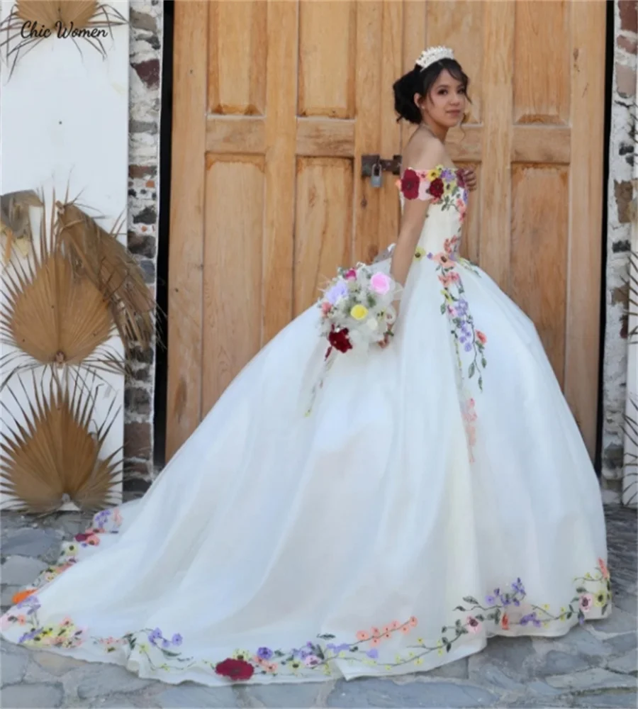 Beautiful Flowers Quinceanera Dress Charro Mexican Off Shoulders Ball Gown Sweet 16 Dress Fifteen Birthday Vestio Xv Customized