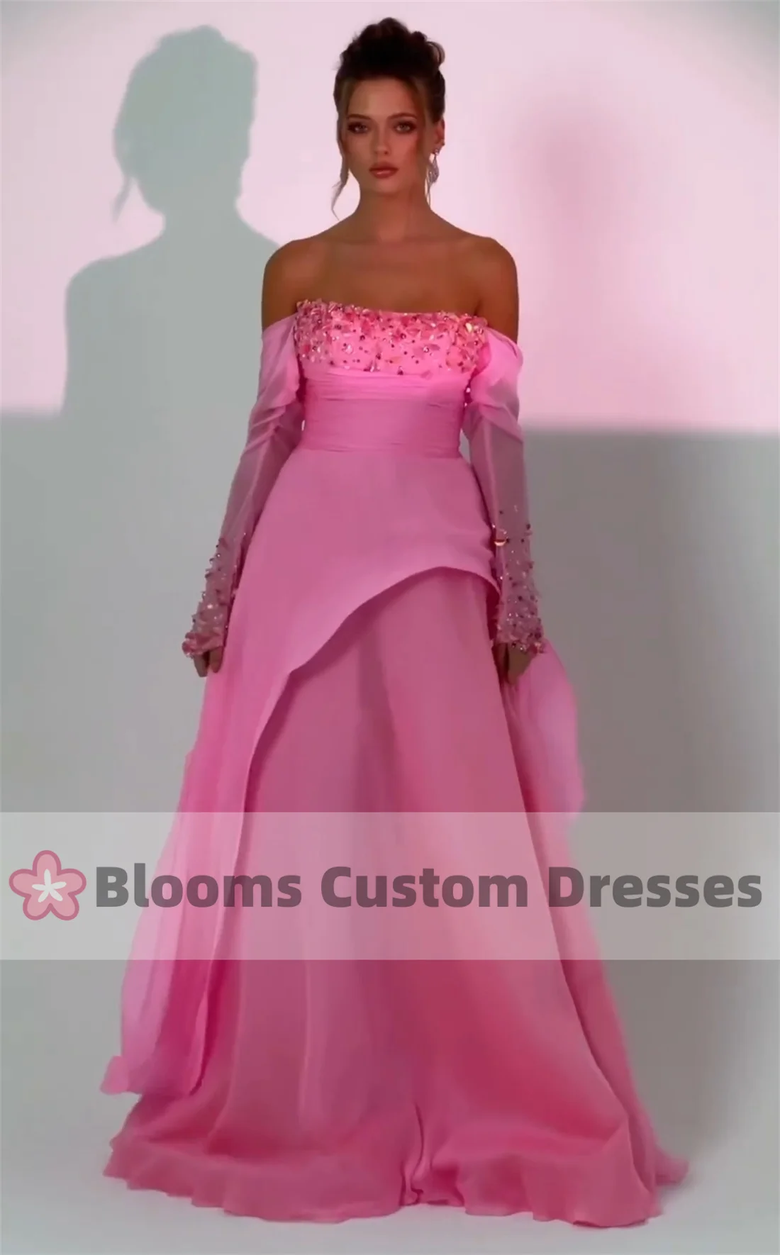 Blooms Beaded Exquisite Long Sleeves Customized Prom Dress A-Line Sequined Party Gown Off Shoulder Formal Evening Dress