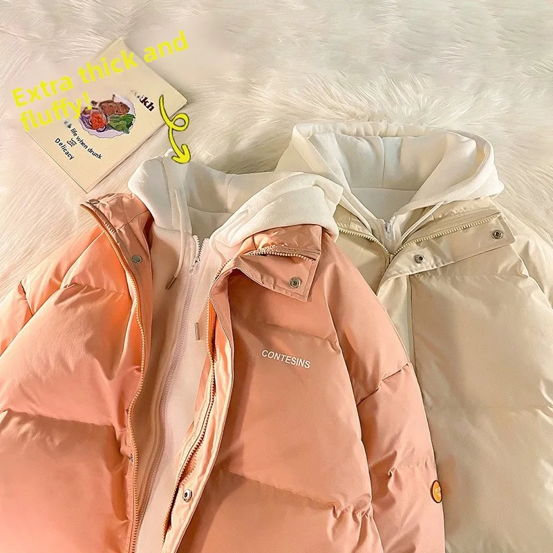 

Men's Winter Oversize Cotton Jaet Thiened Hooded Fake Two-Piece Casual Sle American Sle Youth ular Pure Color Zipper