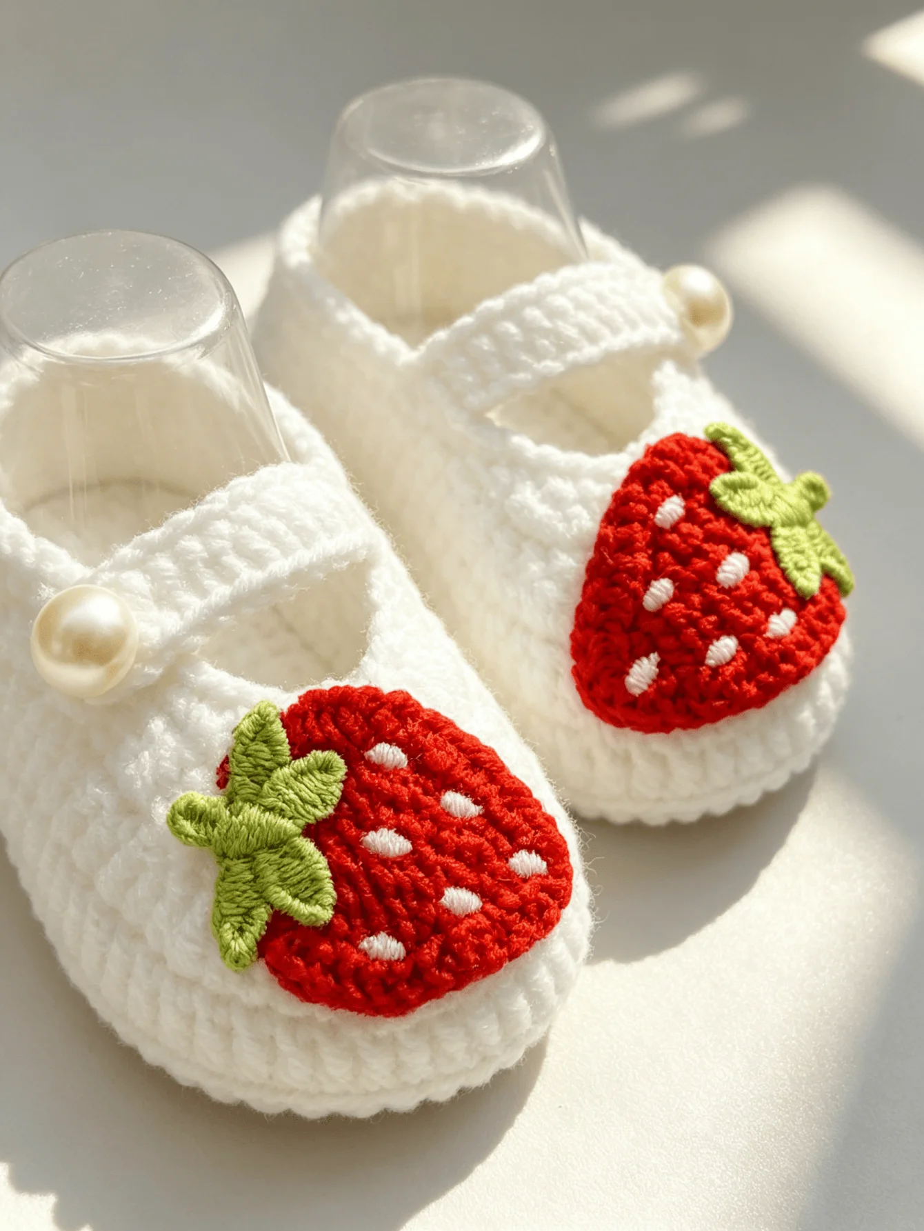 1 Paar gehäkelte Mary-Jane-Schuhe für Babys, weiß, Erdbeer-Stickerei mit Perlenknopfriemen, Babyschuhe – Detail 3