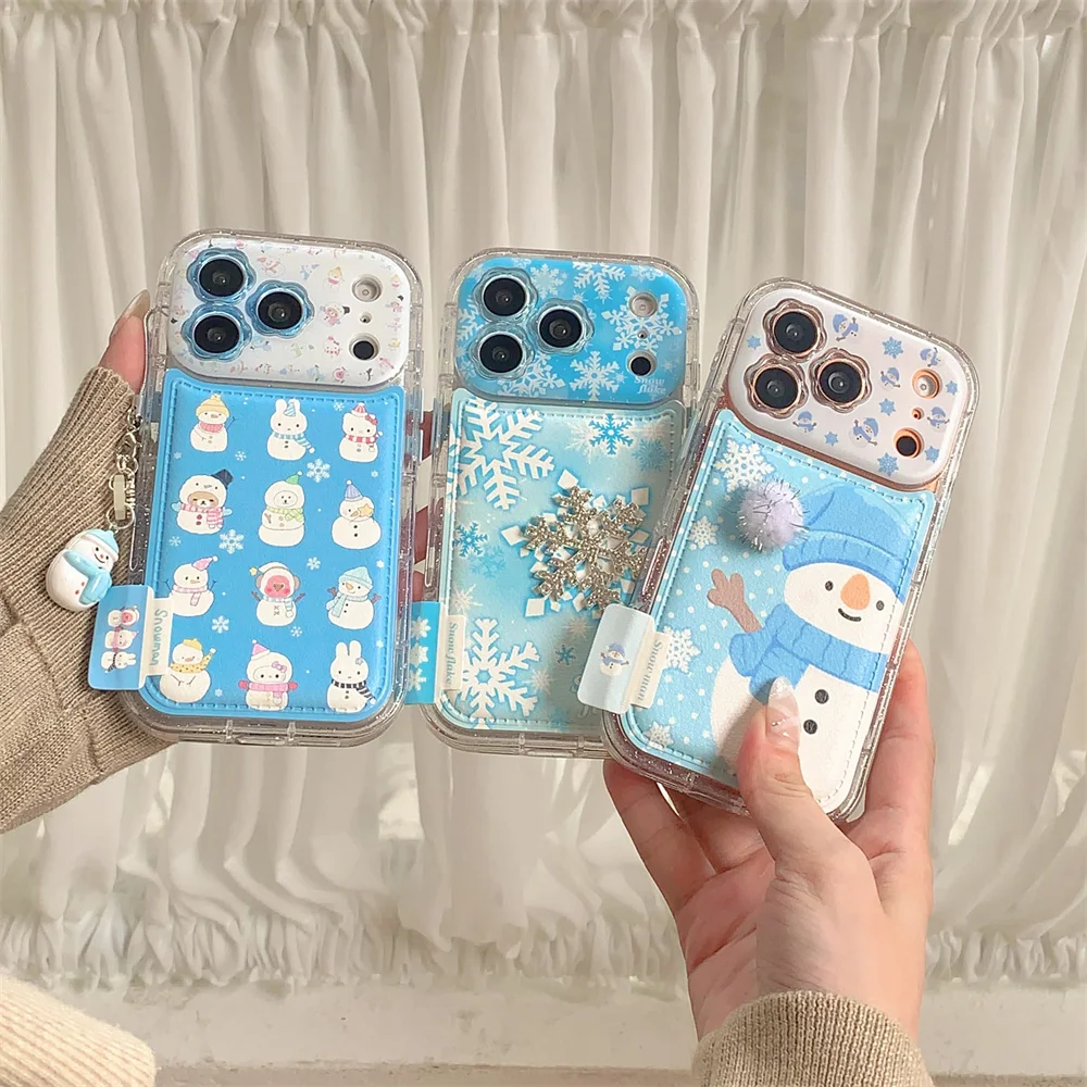 

Fashion Glitter Snowflake Cute Snowman Leather Phone Case for iPhone 16 Pro 13 14 15 17 Pro Max Cover with Charm Fundas Cases