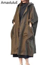 Amax luluE 2024 Autumn Womens Fashion Oversized Trench Coats Long Hooded Clothes Ladies Casual Loose Vintage Luxury Windbreakers