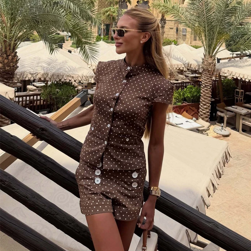 Damen Polka Dot Kurze Hosen Sets Zweiteiliges Sommer-Outfit mit Mittelhohem Bund Damen-Anzug Sommer Crop Top Urlaubsoutfit für Frauen – Detail 2