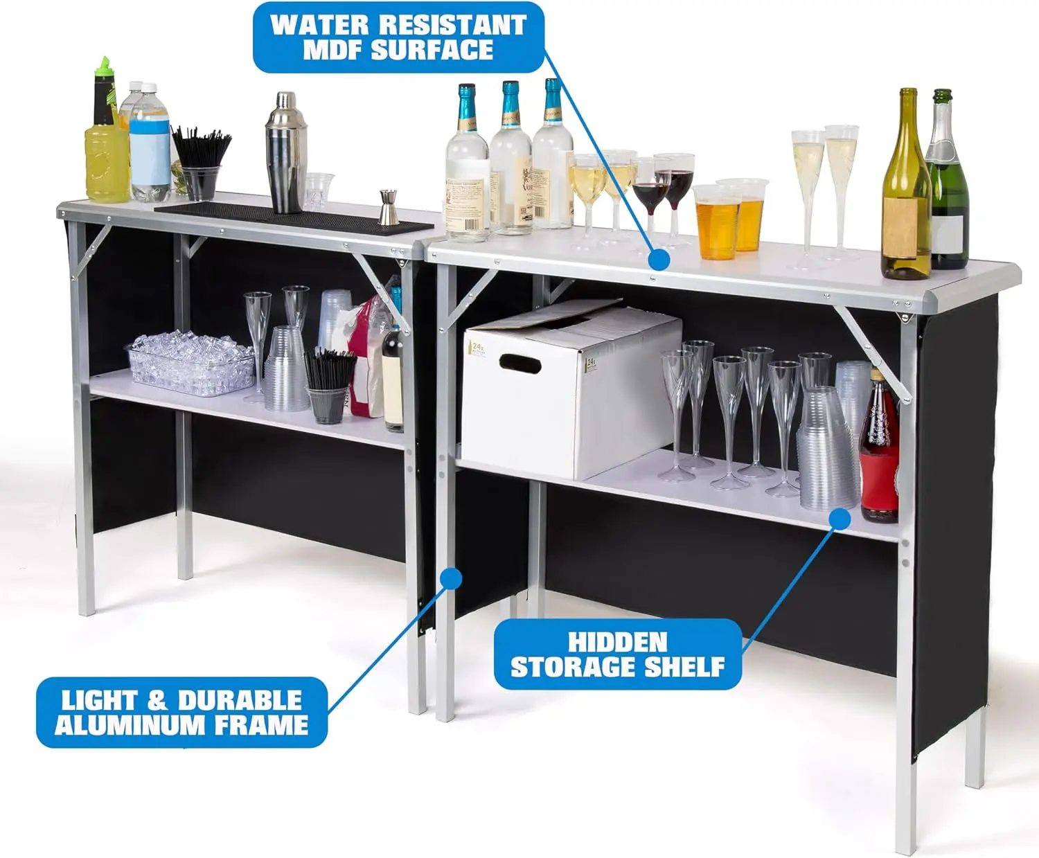 Portable Double Bar Table Set - Mobile Bartender Station for Events - Includes Carrying Case - Standard or LED