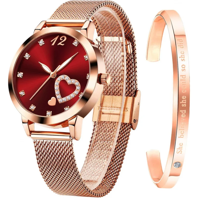 

OLEVS Rose Gold Watch for Women Mesh Strap Fashion Dress Hearts Japanese Quartz Waterproof Luminous Ladies Watches Bracelet Sets