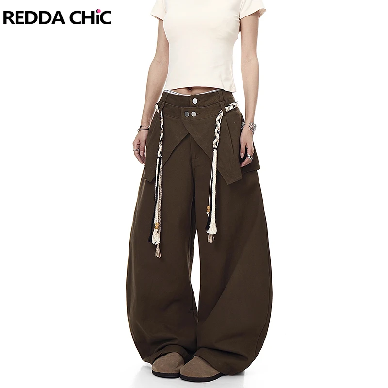 

REDDACHiC женские искусственные двухсекционные широкие джинсы коричневого цвета, винтажная повседневная свободная посадка, однотонная юбка с запахом, мешковатые брюки, уличная одежда в стиле хип-хоп