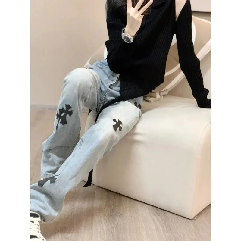 Modna workowate dลผinsy damska niebieska wysoka talia szeroka nogawka spodnie dลผinsowe naszywka z krzyลผem Harajuku proste spodnie Streetwear spodnie
