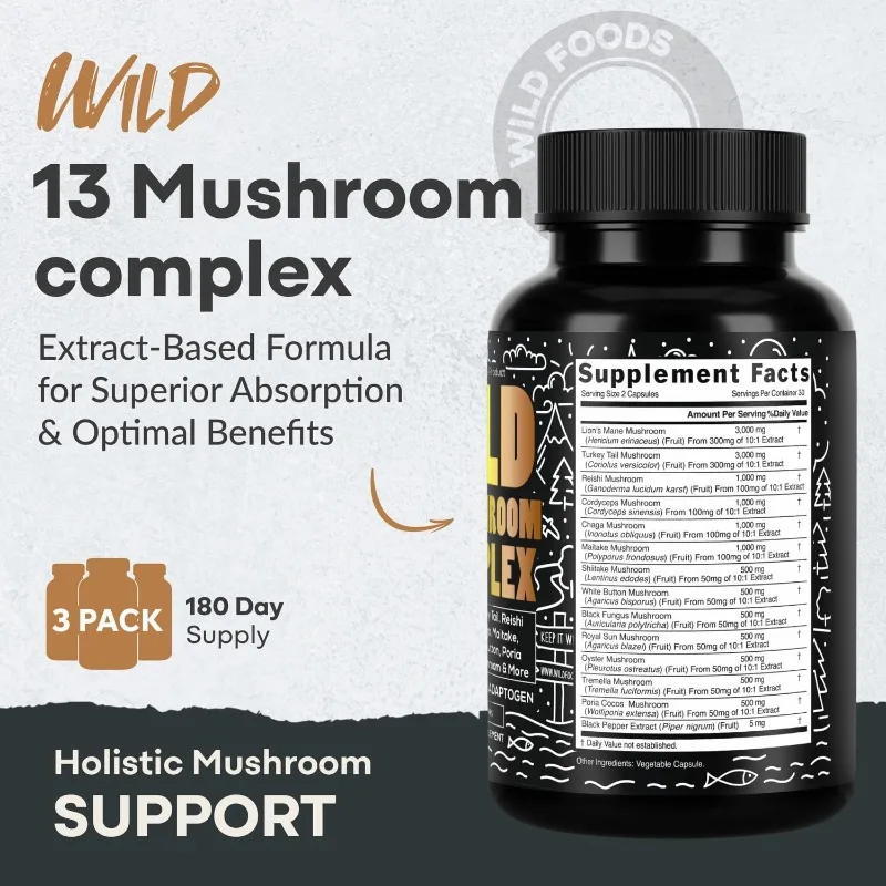 Mushroom Supplement -10:1 Mushroom Lion Mane, Turkey Tail, Ganoderma lucidum - Energy, Immune Health Support (60 capsules) view 4