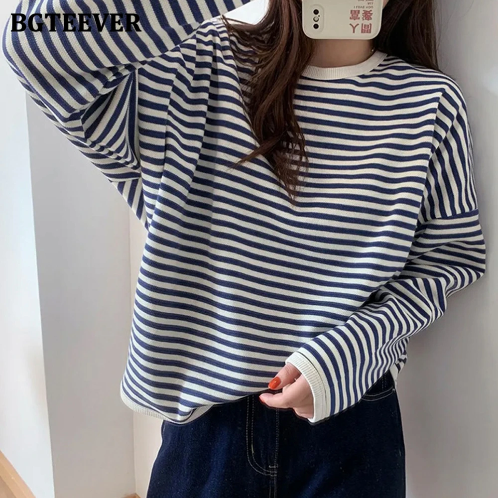 BGTEEVER Casual O-neck Striped Pullovers Women Long Sleeve Loose Spring Autumn Women Sweatshirts Vintage Female Tops