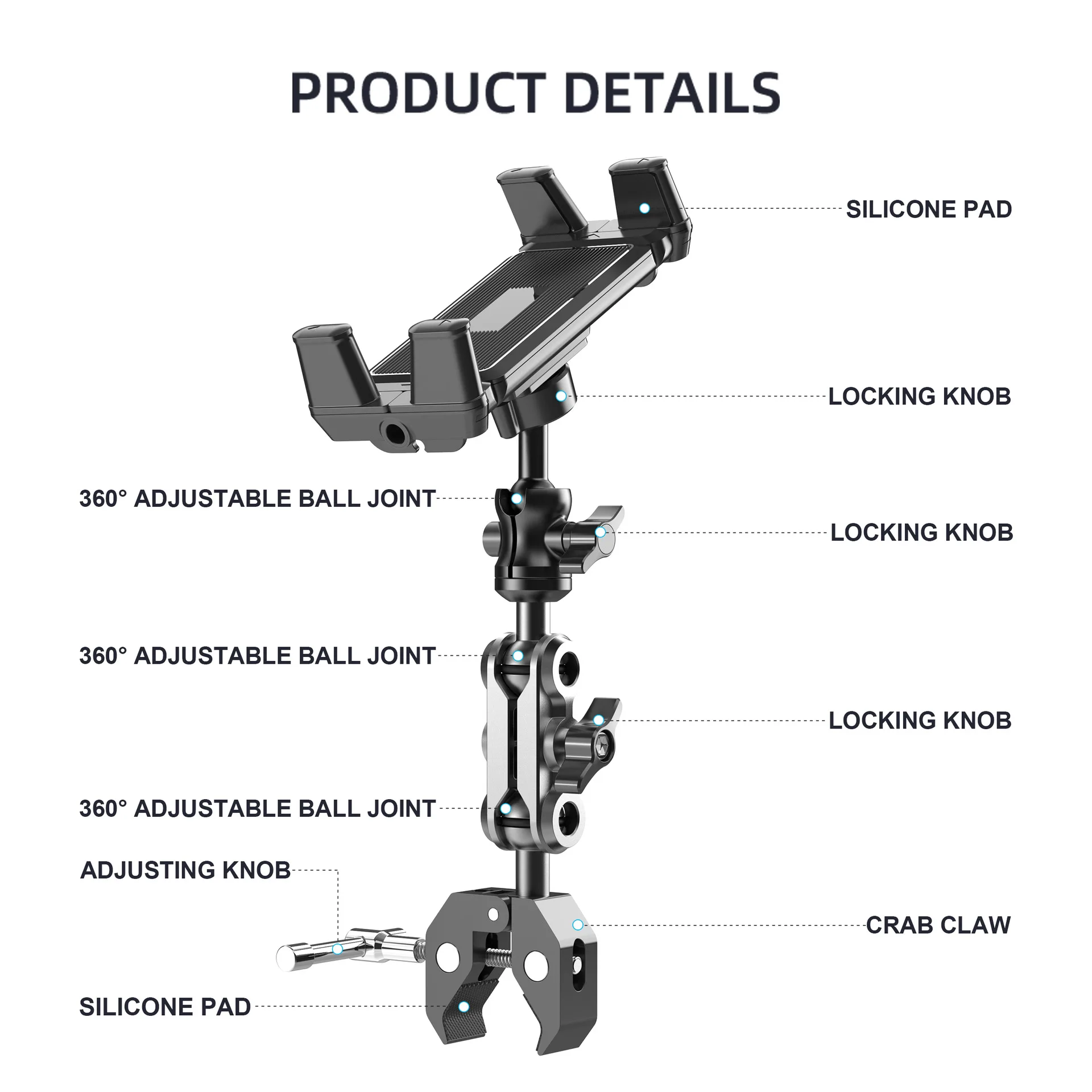 Heavy Duty Phone/Tablet Clamp, 360° Rotating for Exercise Bike Stroller Wheelchair Golf Cart Mic Stand Desk Fits 0.47-2.1in Bars view 6