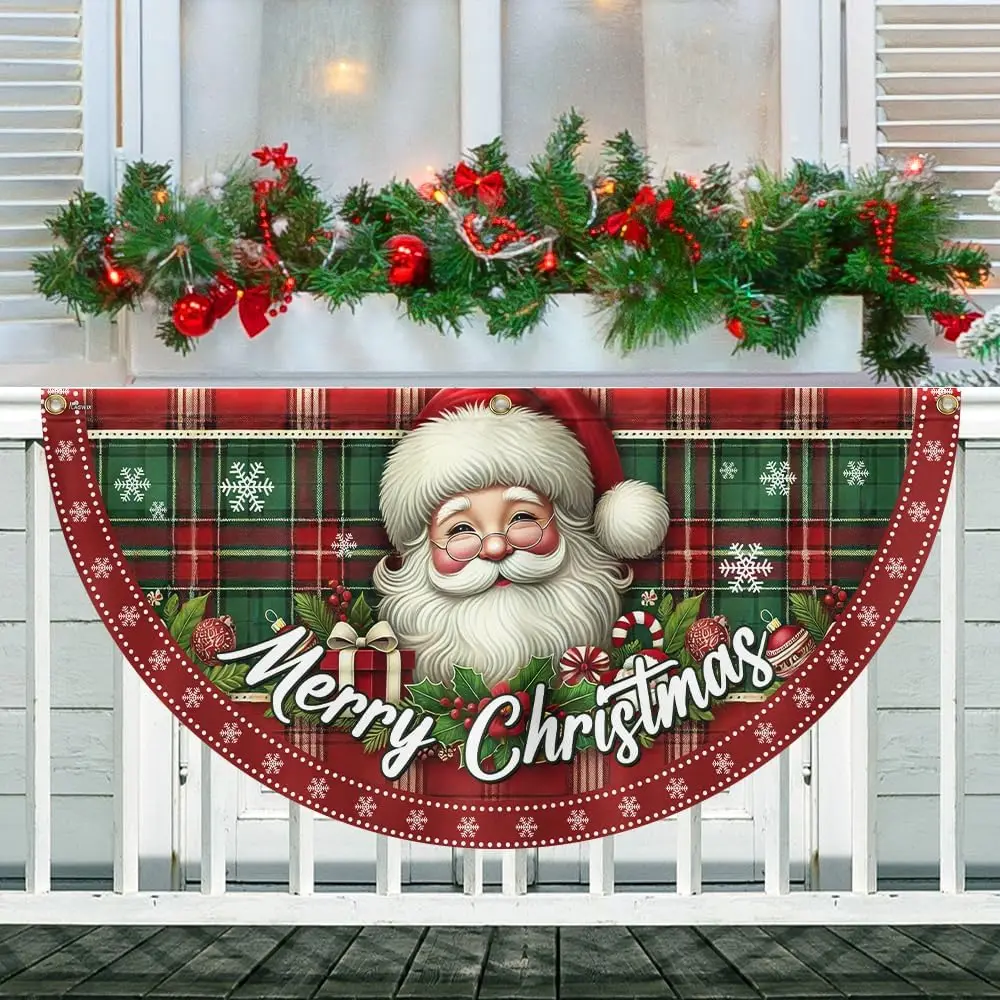 VIKAMA Weihnachts-Weihnachtsmann, fächerförmiges Banner, Gartenzaun, Balkon, Outdoor-Flagge, 2025, Weihnachtsfeier-Dekoration, 2026, frohes neues Jahr