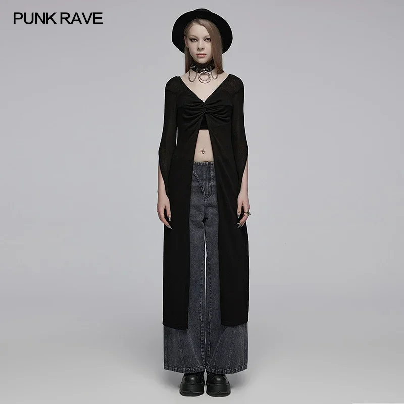 

PUNK RAVE Women's Gothic Daily Reversible Linen Feel Woolen Long Coat Party Club U-shaped Neckline Personality A-line Sweater