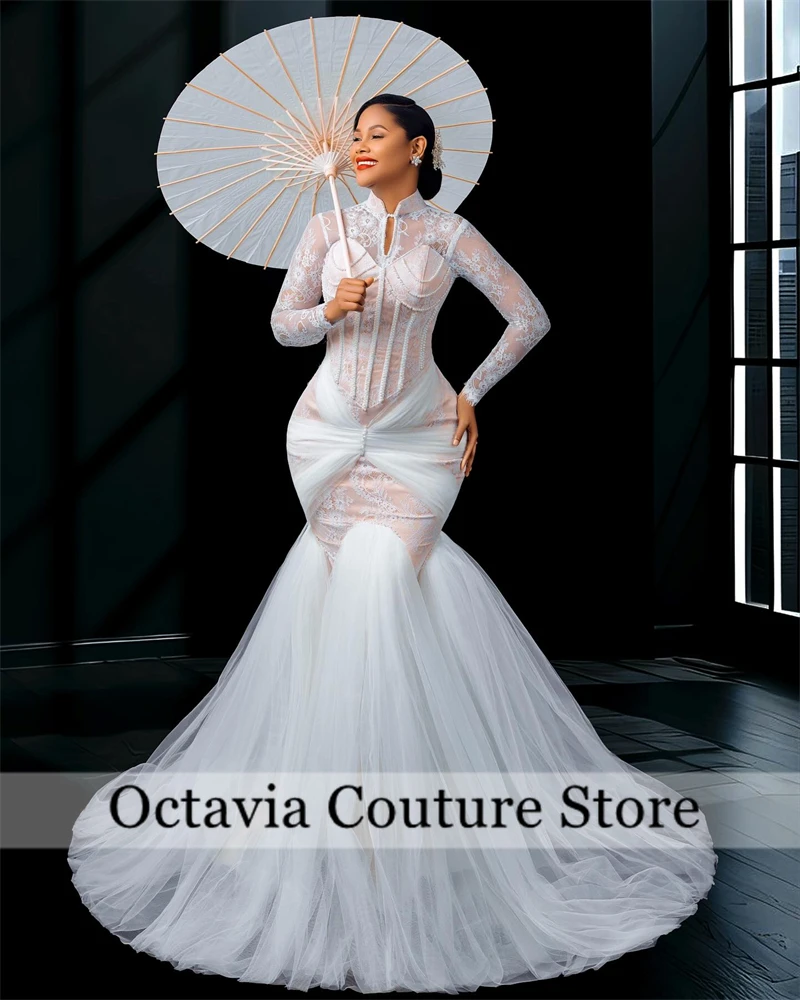 

Aso Ebi White Lace Mermaid Wedding Dresses Women 2025 Long Sleeve Satin Bridal Gown Formal Party Dress Evening Dress Customized