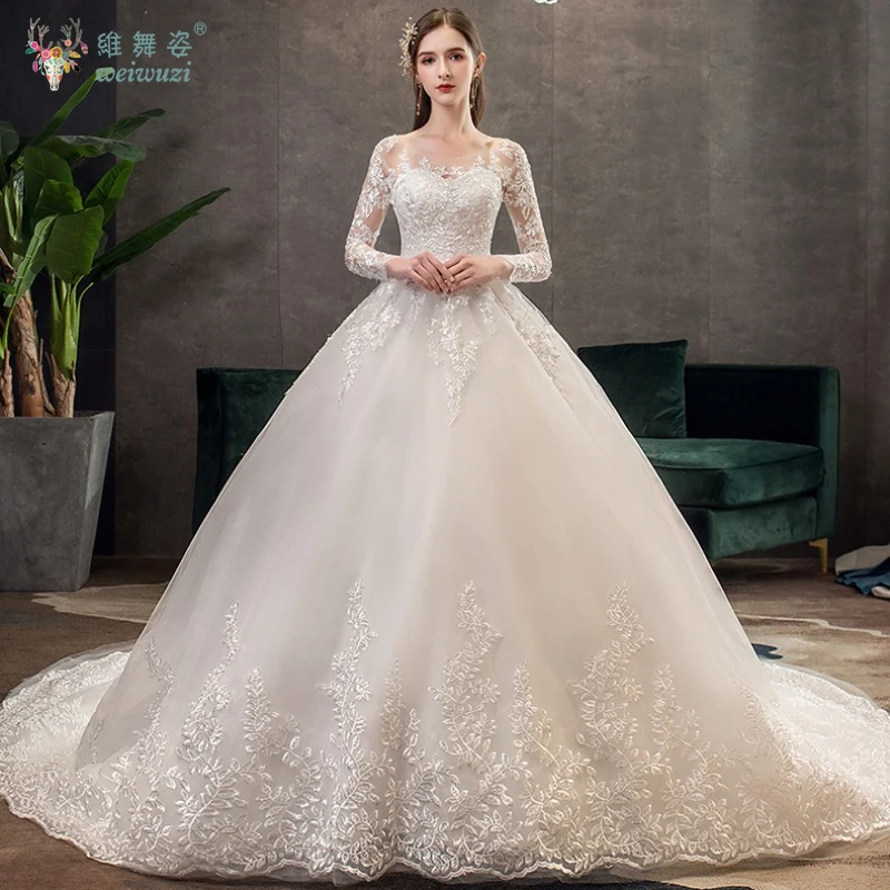 가을 신상 고급스러운 레이스 긴팔 웨딩드레스 우아한 럭셔리 튤 캐시드럴 트레일링 플러스 사이즈 신부 웨딩드레스