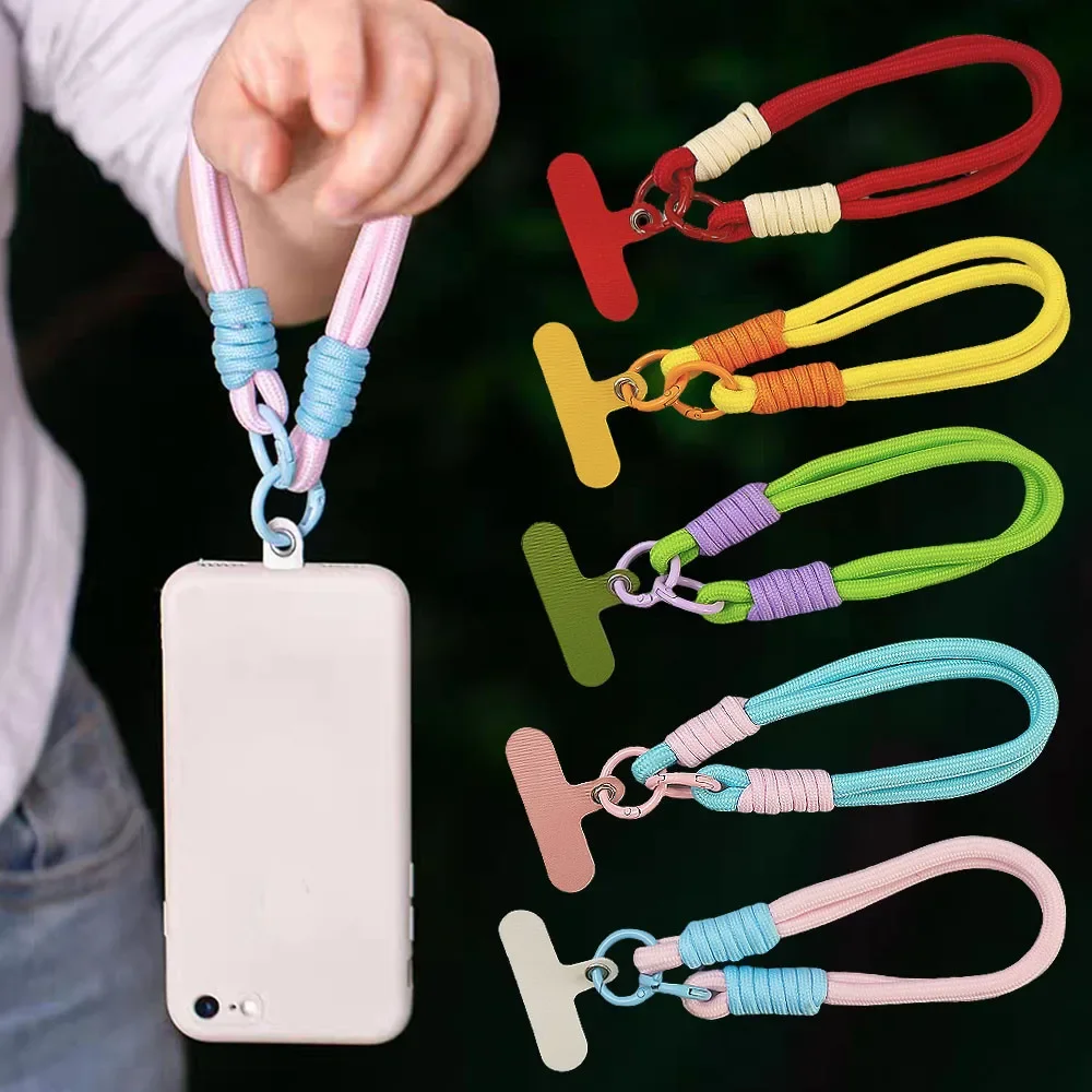 Two-tone Braided Mobile Phone Lanyard Wrist Straps Keychains Hanging Chain Ring Cord with Gasket Detachable Rope Patch Keyrings