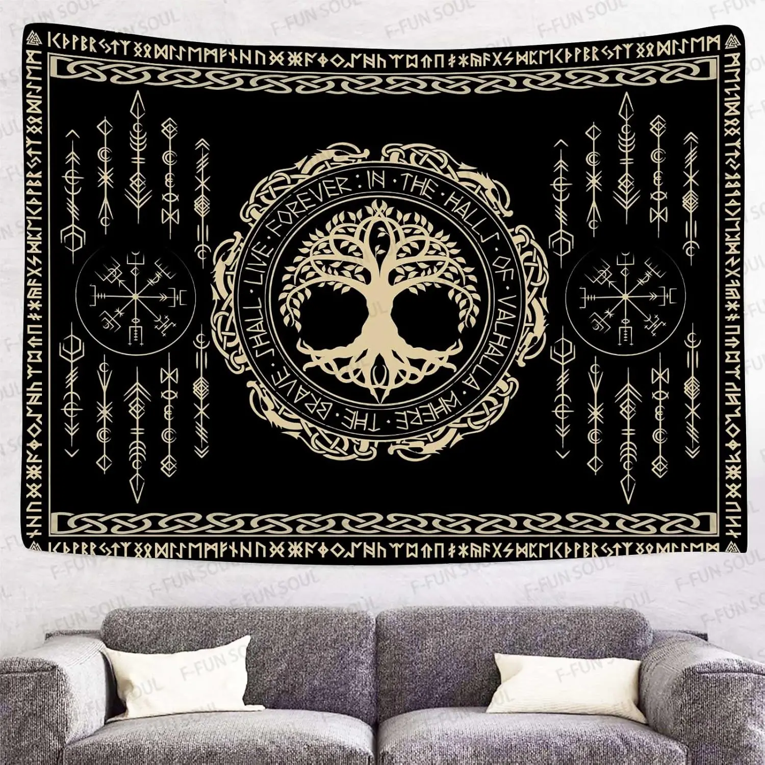Norse Mythology Tapestry Indie Bohemian Wall Hanging with Tree of Life, Elder Futhark Runes and Dragon Border for Bedroom Decor