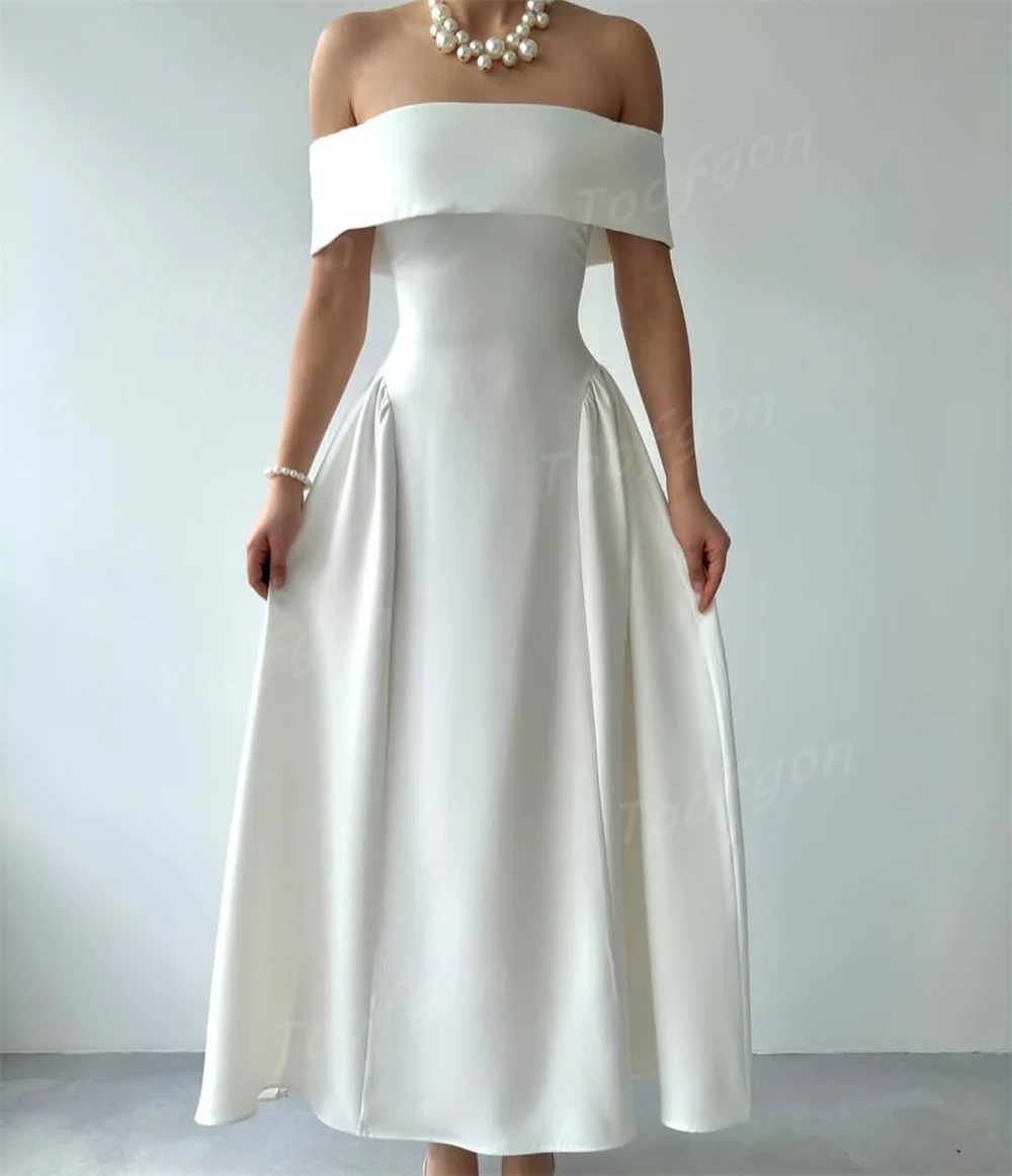 Toofgon قبالة الكتف الساتان ألف خط فساتين لحضور الحفلات الموسيقية مخصصة ثنيات ماتي الساتان المرأة فستان الحفلات الرسمية طول الكاحل فساتين السهرة