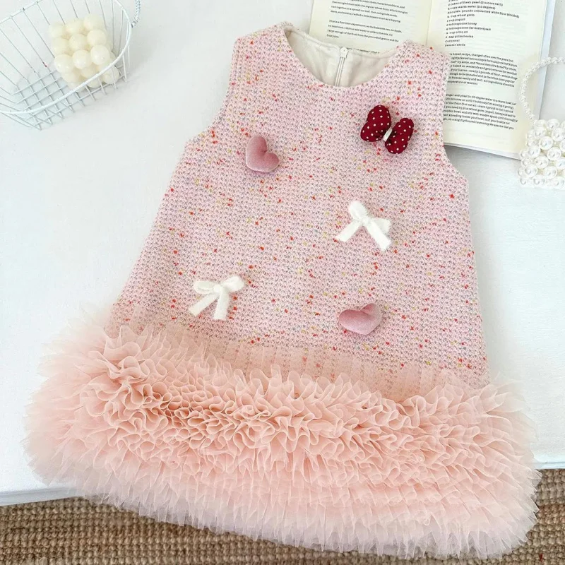 

Girls' Autumn Winter Dress Children's Princess Dress Little Girl Fleece Lined Vest Dress Set Puffy Dress