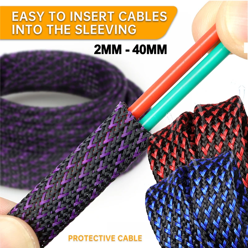 1-50m PET Expandable Braided Sleeve 2 4 6 8 10 12 14 16 20 25 30 40mm Wear Resistant Colorful Insulated Wire Protection Sheath