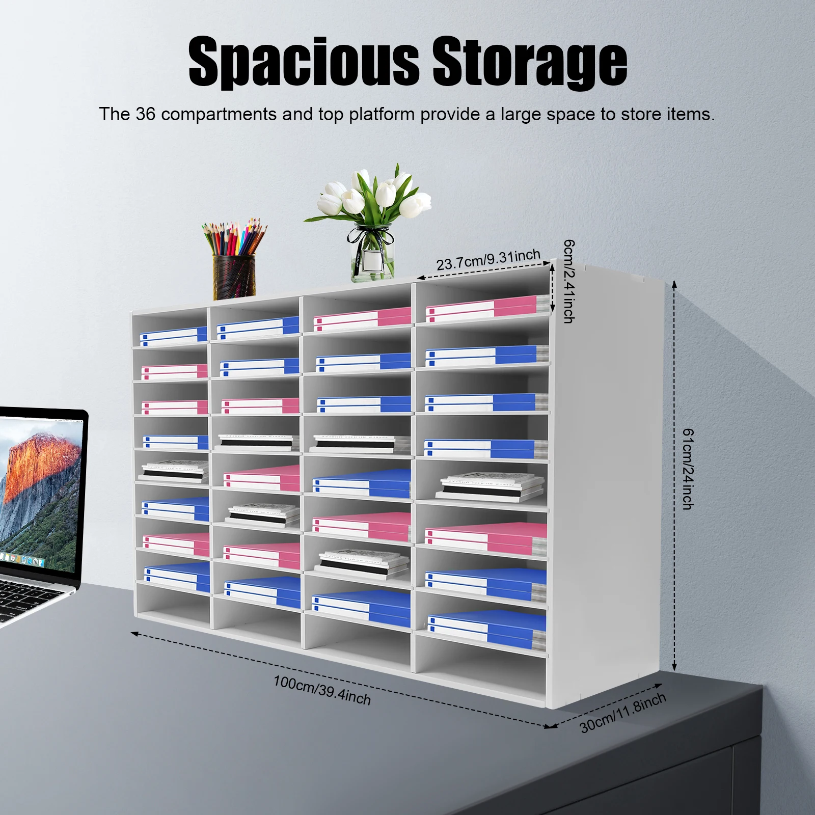 

36 Compartment Desktop File Holder Literature Organizer Office Mailbox White Modern Rectangular for Books Magazines Files