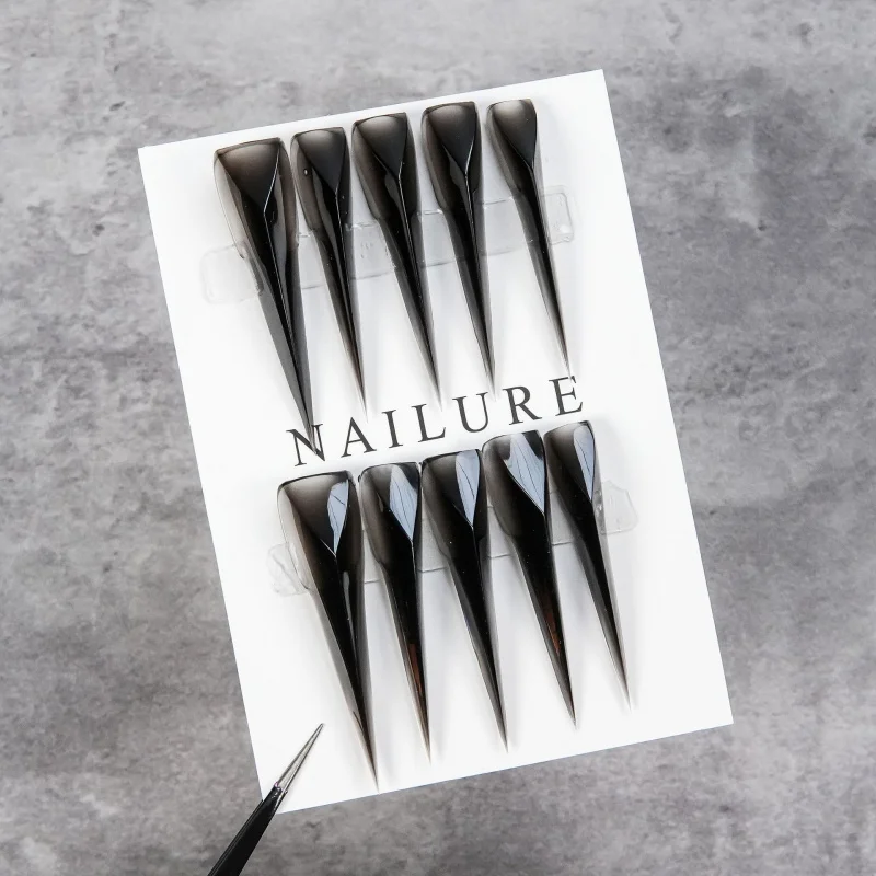 Super Long Stiletto Press On Nails Smoky Black Transparent Gradient Glossy Fake Nails Handmade Reusable False Nail Tips Cool Got
