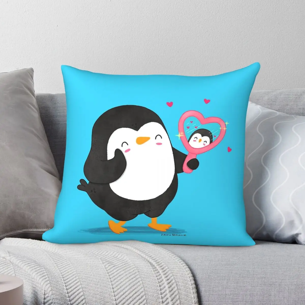 Self Love Penguin With Mirror Square Pillowcase Polyester Linen Velvet Creative Zip Decor Car Cushion Cover 45x45