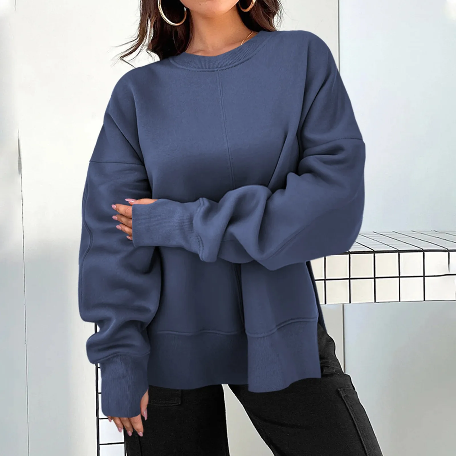 2025 feminino cor sólida fenda em torno do pescoço moletom casual topo solto manga comprida topo mulher roupas de inverno mulher