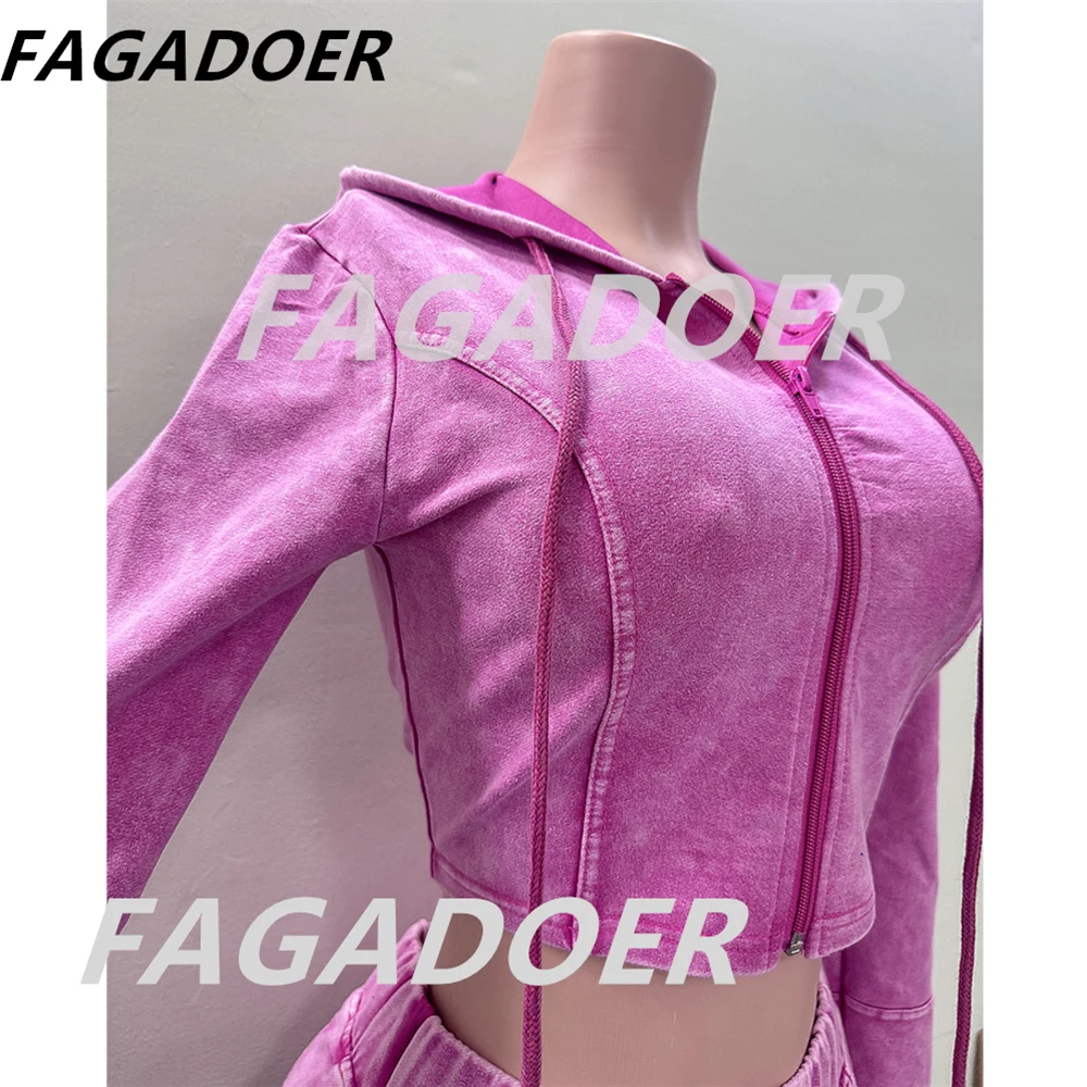 FAGADOER Autumn Winter Quality Rib 2 Piece Sets Women Sport Casual Outfit Zip Hooded Patchwork Jacket And Flare Pants Suits New