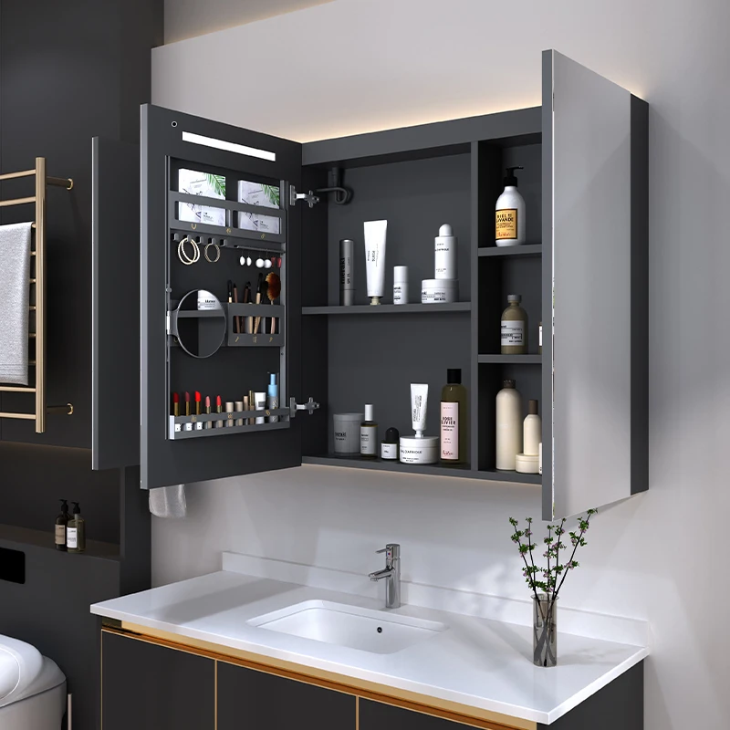 Wall Mounted Mirrored Cabinets Grey Bathroom Vanity Sale Soft Black Carcase Silver White LED Light Copper Customized Style Parts