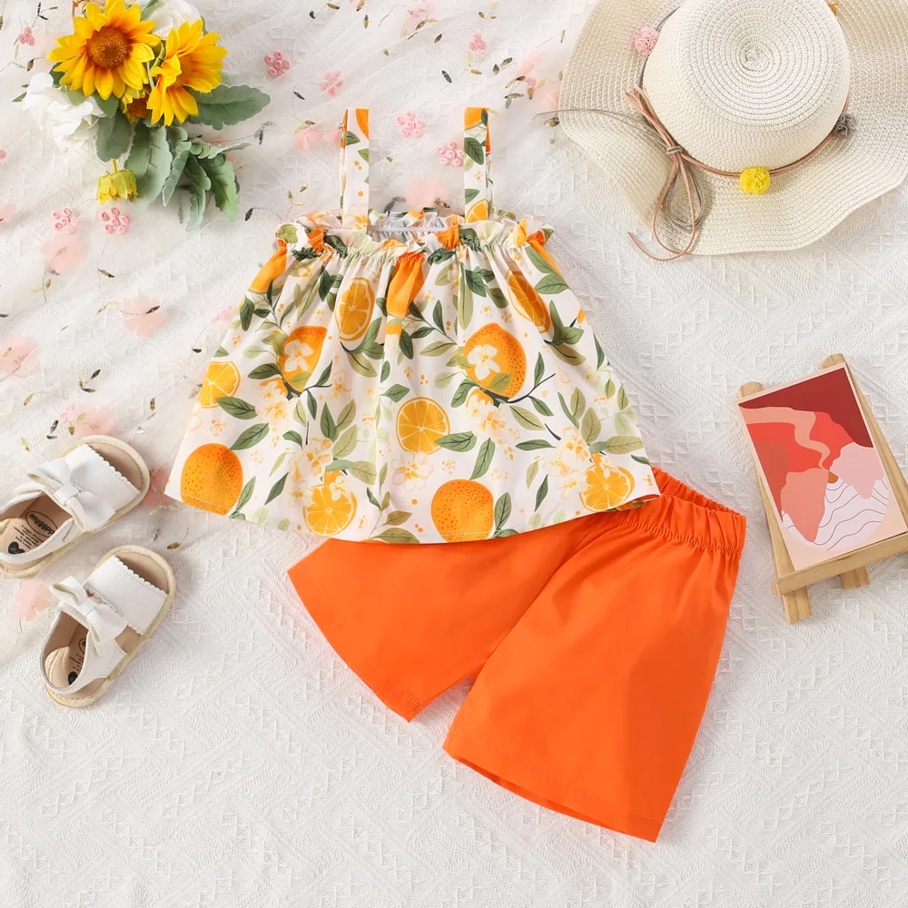 2-piece Summer Two-piece Baby Girl Suit Orange Pattern Hand-painted Style Sweet Casual Girl Suit Suspenders + Shorts