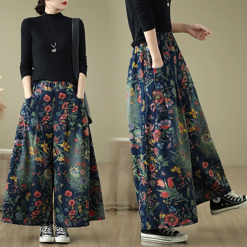 Étnico sle desbotado waed impresso jeans cintura alta perna larga casual calças compridas femininas plus size primavera outono algodão poliéster