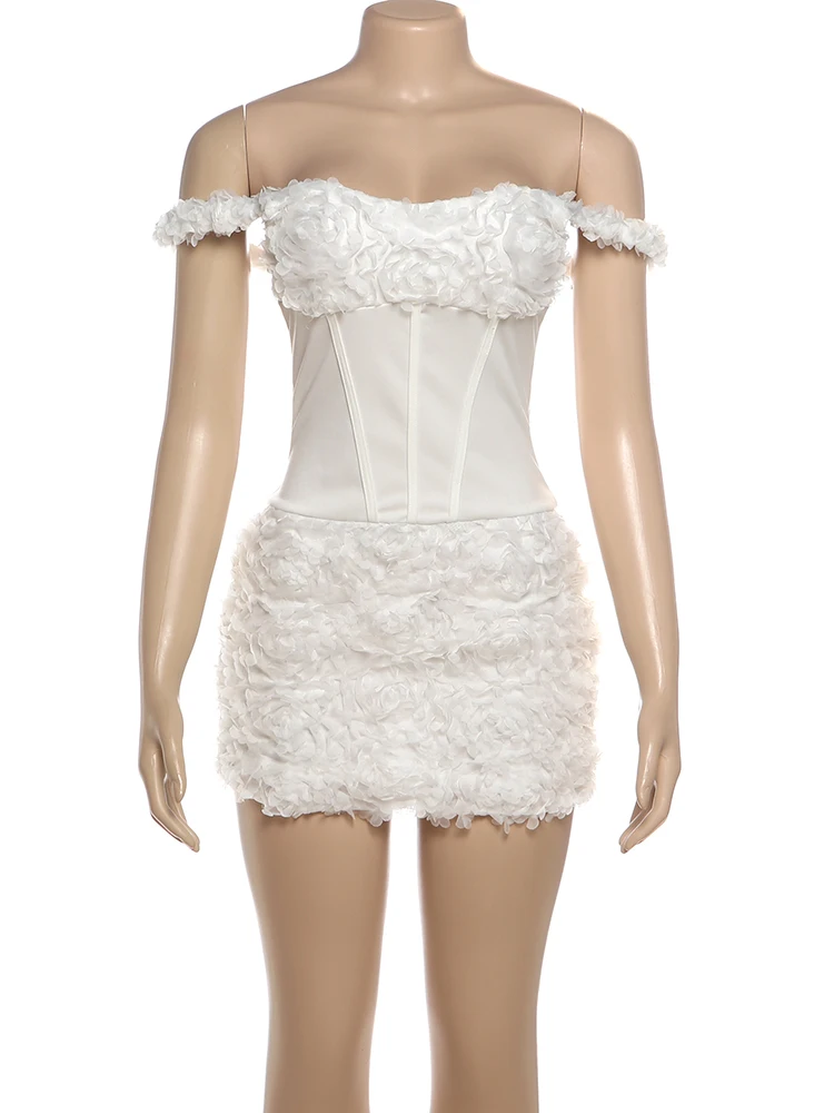 Nibber 3d fleurs robe femmes Slash cou faux os de poisson décoration fermeture éclair Patchwork doux fête d'anniversaire mode Mini moulante